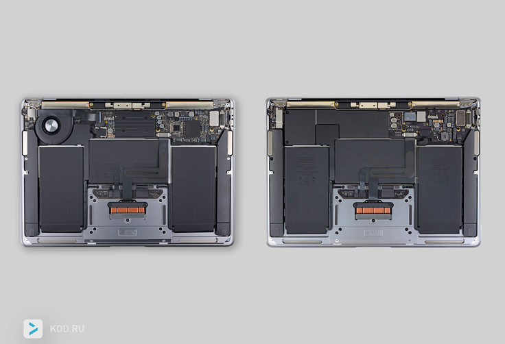 Слева MacBook Air на Intel, справа — на M1. Фото: iFixit
